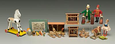 Appraisal: Group of toy animals open stable with three carved and