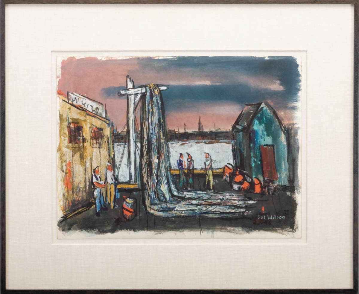 Appraisal: SOL WILSON AMERICAN - WHARF SCENE WITH FISHERMAN AND NETS