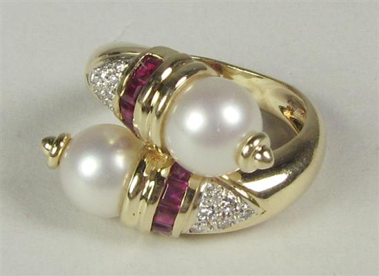 Appraisal: Ladies Cultured Pearl Ruby Ring K yellow gold grams Two