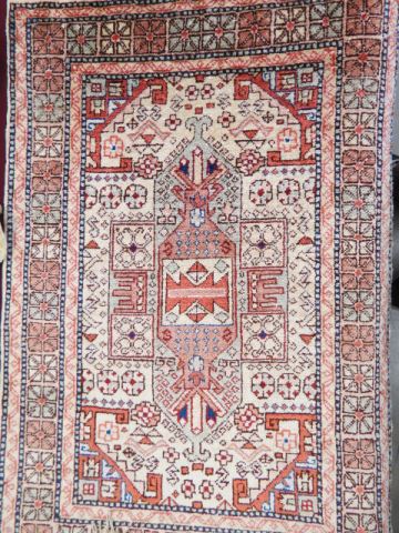 Appraisal: Silk Prayer Rug interesting geometrics stylized florals soft coloring ivory