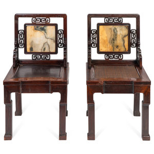 Appraisal: A Near Pair of Chinese Marble-Inset Hardwood Chairs TH CENTURY