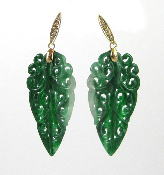 Appraisal: PAIR OF JADE AND DIAMOND EARRINGS each k yellow gold