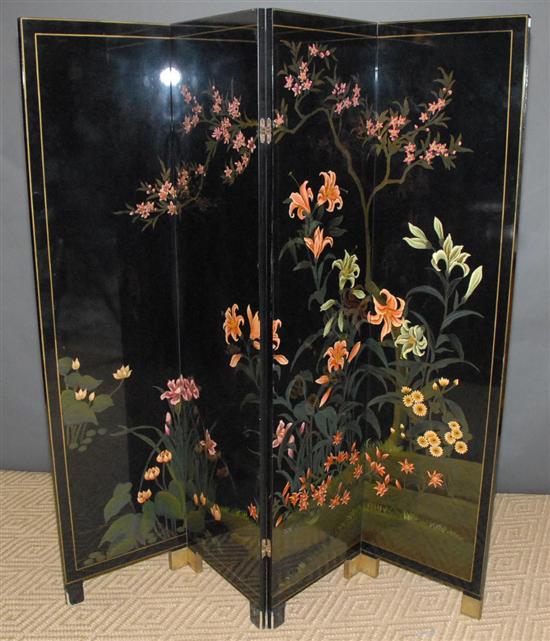 Appraisal: CHINESE FOUR PANEL SCREEN Black lacquered with lilies x panel