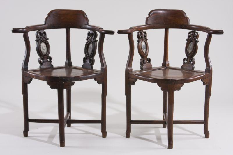 Appraisal: Pair of Chinese Corner Chairs ca rosewood applied shaped crest