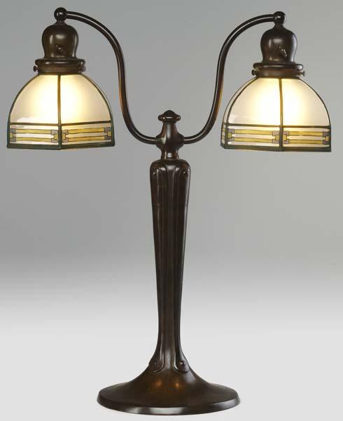 Appraisal: HANDEL Double student lamp the faceted frosted glass shades obverse-painted