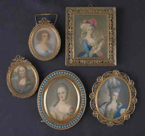 Appraisal: Five French miniature watercolor portraits