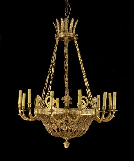 Appraisal: Opulent French Gilt-Brass Twelve-Light Chandelier of reticulated corbeille form in