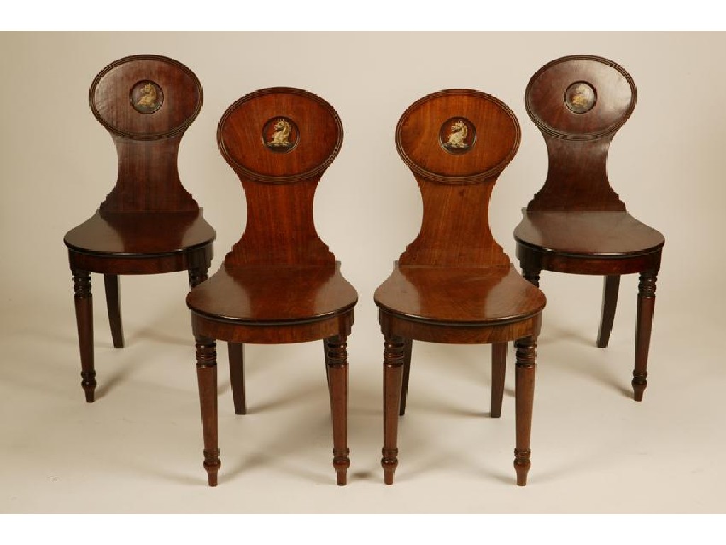 Appraisal: A SET OF FOUR LATE GEORGE III MAHOGANY HALL CHAIRS