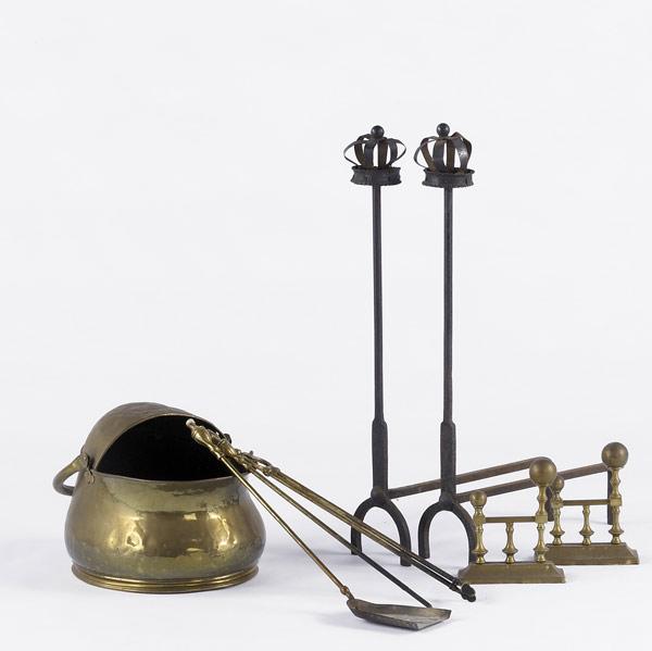 Appraisal: FIREPLACE ACCESSORIES Grouping includes scuttle andirons and assorted tools Scuttle