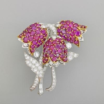 Appraisal: RUBY AND DIAMOND BOUQUET BROOCH Platinum and k yg designed