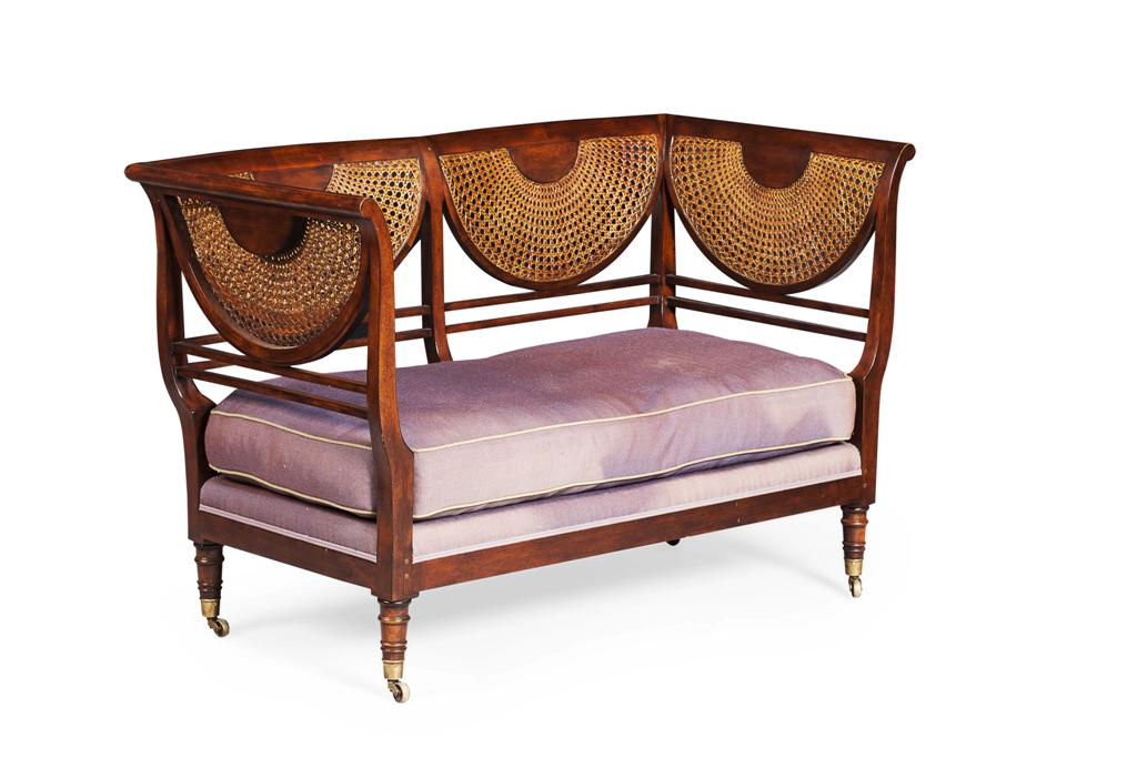 Appraisal: SHERATON STYLE MAHOGANY AND CANED SETTEE MODERN the double seat