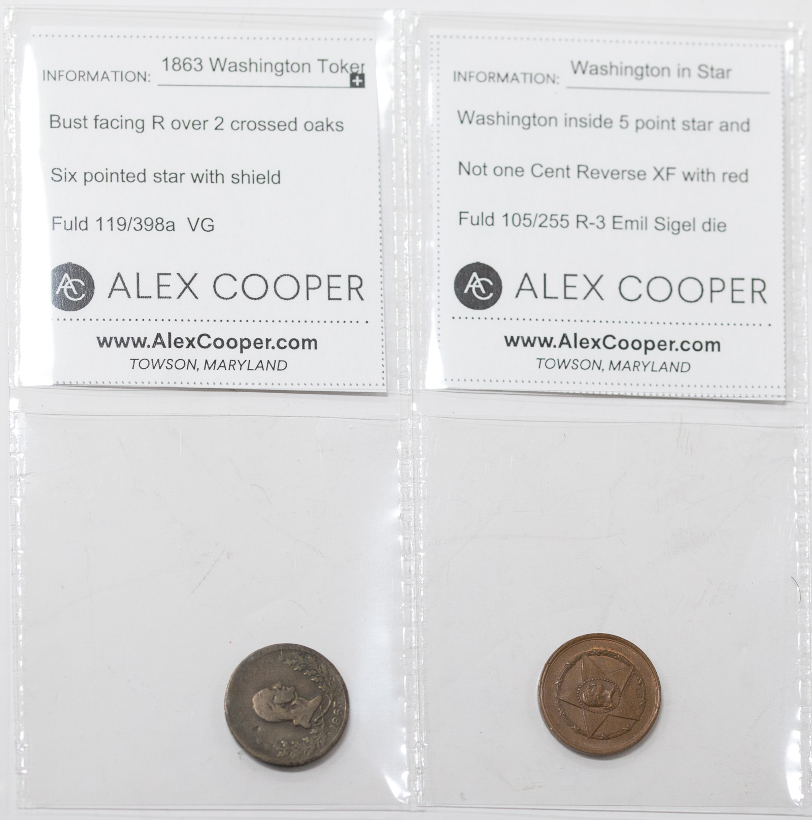 Appraisal: TWO WASHINGTON CIVIL WAR TOKENS The Washington Token Fuld- a