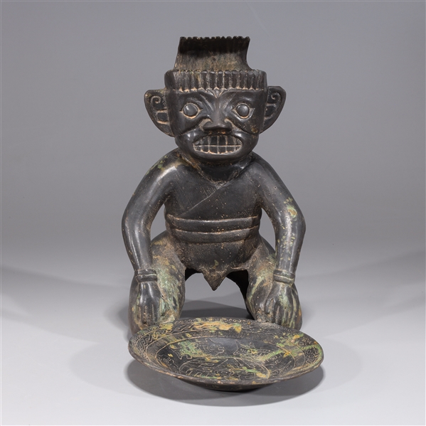 Appraisal: Chinese archaistic bronze seated figure with offering dish overall good