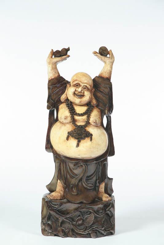 Appraisal: CARVED BUDDHA China th century softwood Well carved with arms