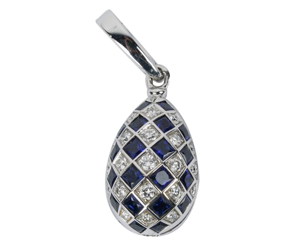 Appraisal: FABERGE KARAT WHITE GOLD DIAMOND SAPPHIRE EGG PENDANTstamped ' Faberge