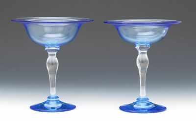 Appraisal: A Pair of Blown Glass Compotes Clear blue and clear