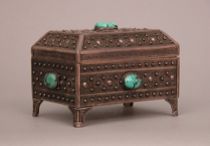 Appraisal: Metal Box with Turquoise Decoration circa th Century Handmade metal