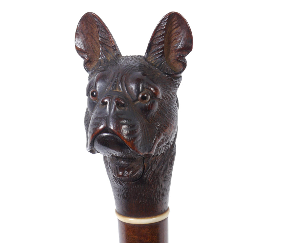 Appraisal: CARVED DOG HEAD GLOVE HOLDER UMBRELLA WALKING STICK CANE HANDLE