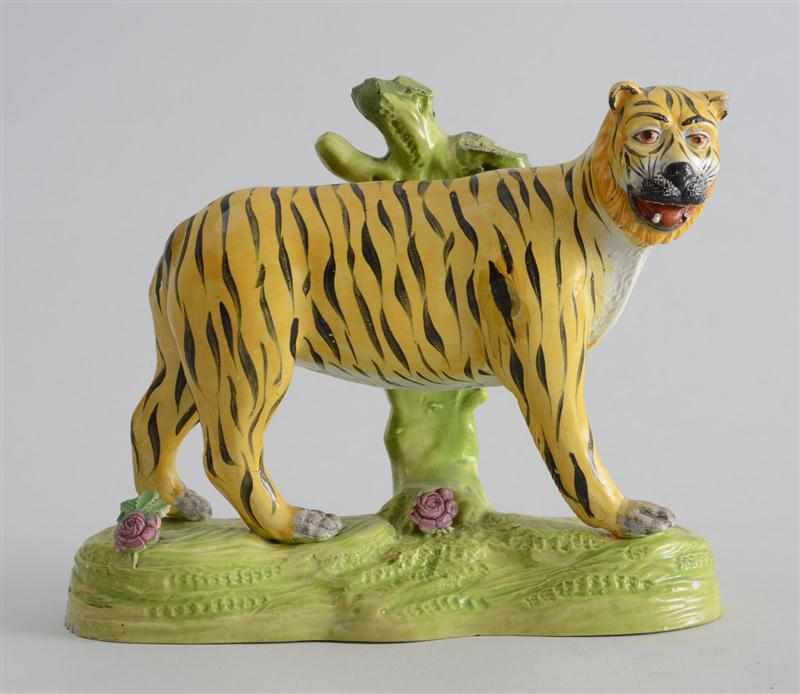 Appraisal: STAFFORDSHIRE PEARLWARE FIGURE OF A STALKING TIGER Tail and tree