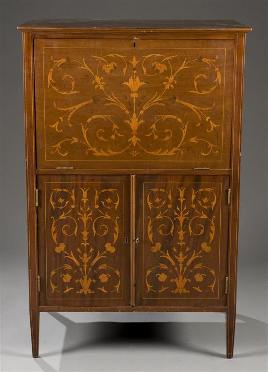 Appraisal: English Edwardian mahogany music cabinet with inlay st quarter th