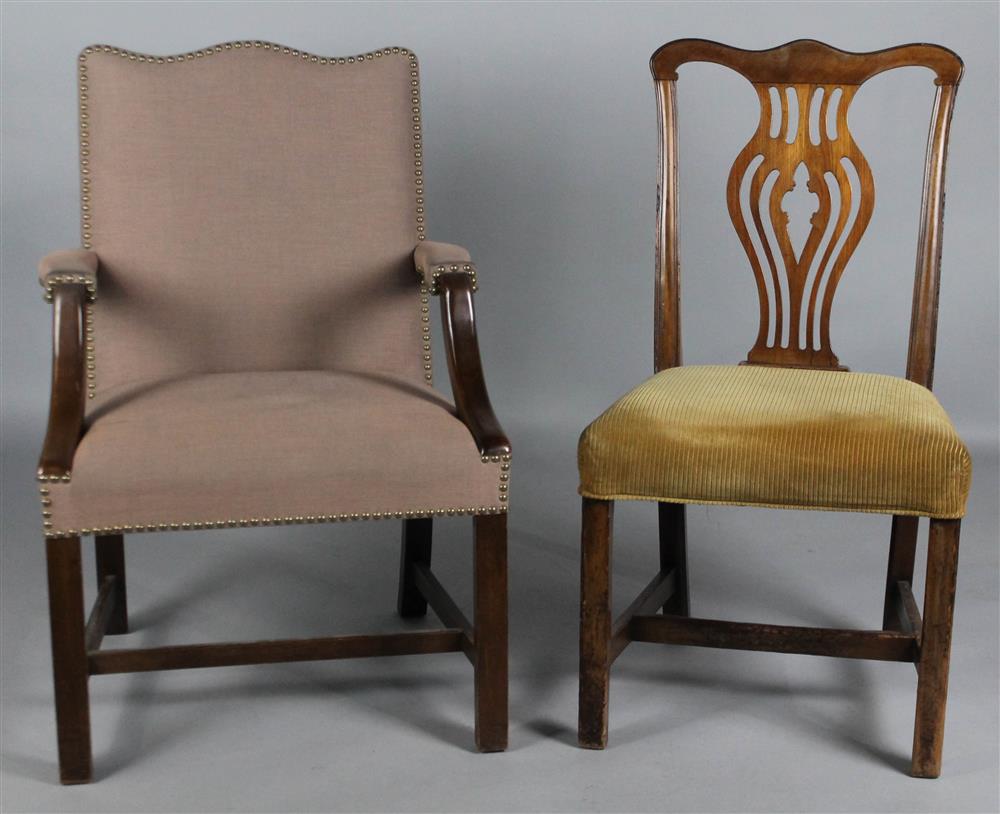 Appraisal: CHIPPENDALE STYLE UPHOLSTERED OPEN ARM CHAIR WITH A CHIPPENDALE STYLE