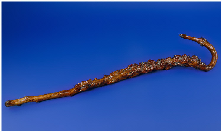 Appraisal: Carved Burr Decorative Stick The Curved Handle Modelled In The