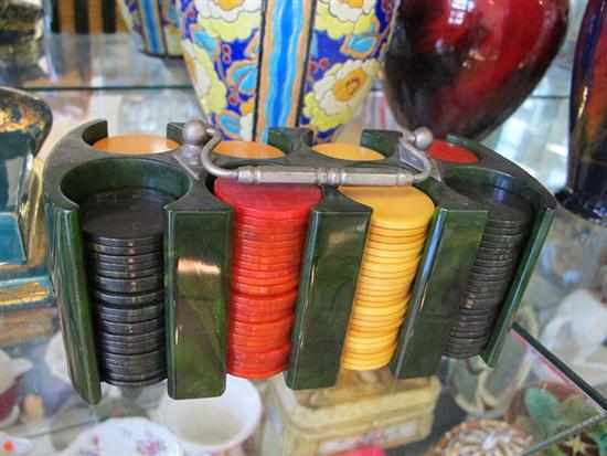 Appraisal: ART DECO BAKELITE POKER CHIPS IN STAND