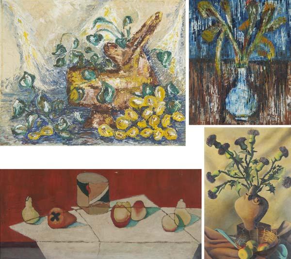 Appraisal: STILL LIFE PAINTINGS Nine works of art two on canvas