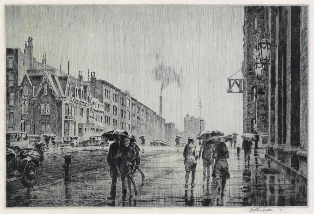 Appraisal: MARTIN LEWIS Rain on Murray Hill Drypoint printed in dark