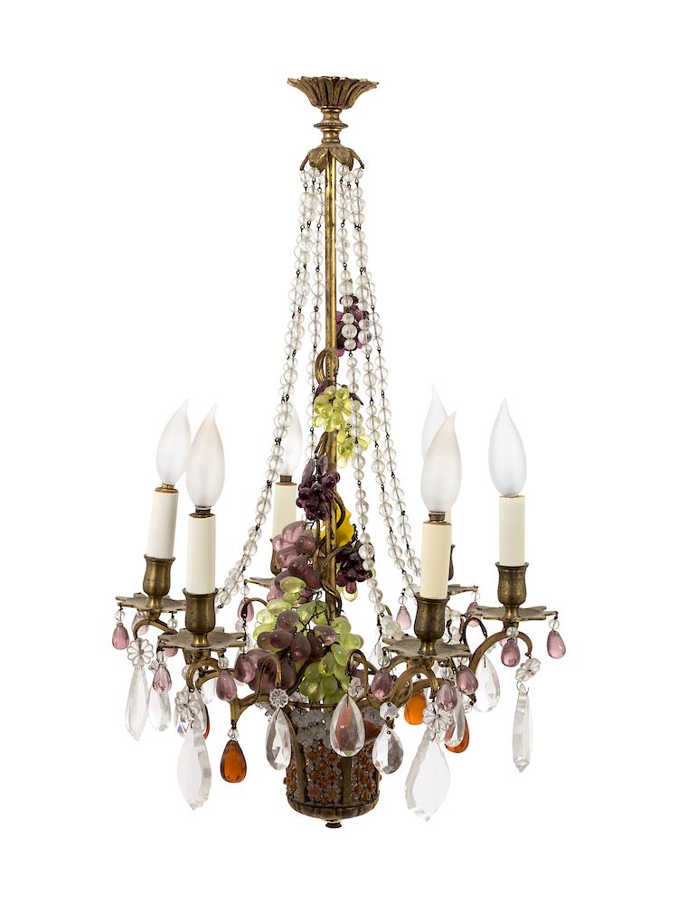 Appraisal: A Six-Light Gilt Metal Faceted Clear and Colored Glass Chandelier