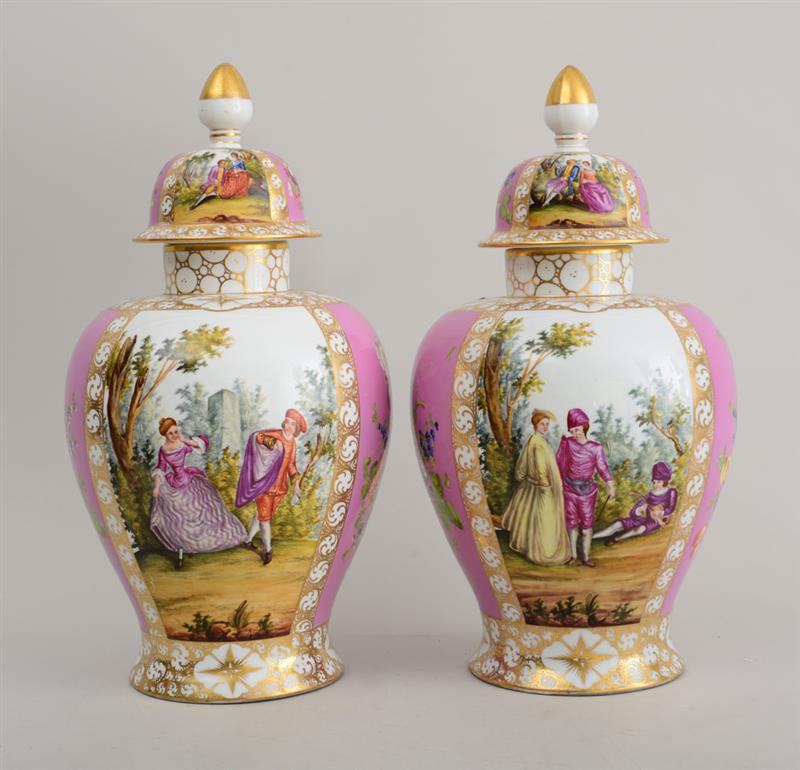 Appraisal: PAIR OF MEISSEN TYPE PORCELAIN OVOID JARS AND COVERS Marked