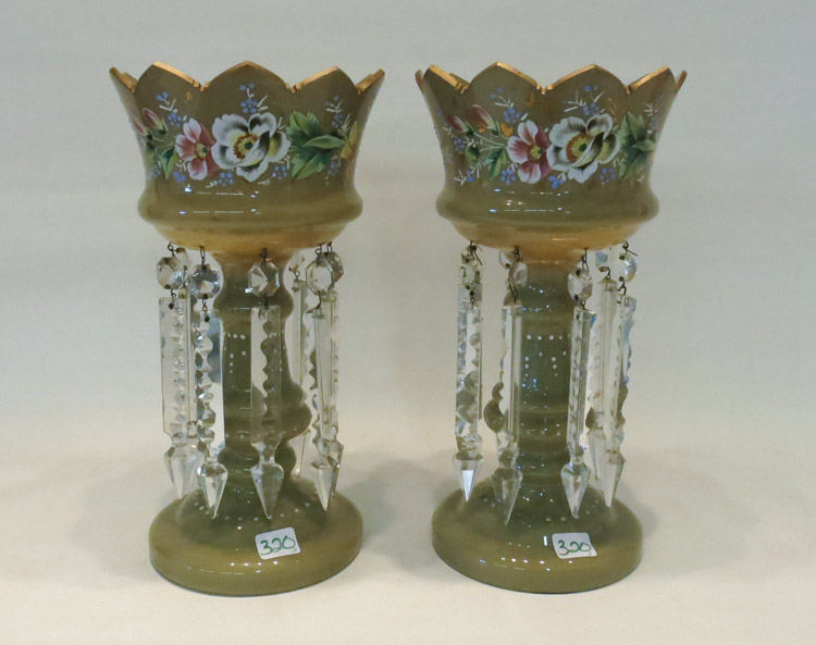 Appraisal: PAIR OF BOHEMIAN GREEN GLASS AND ENAMEL LUSTRES with hand