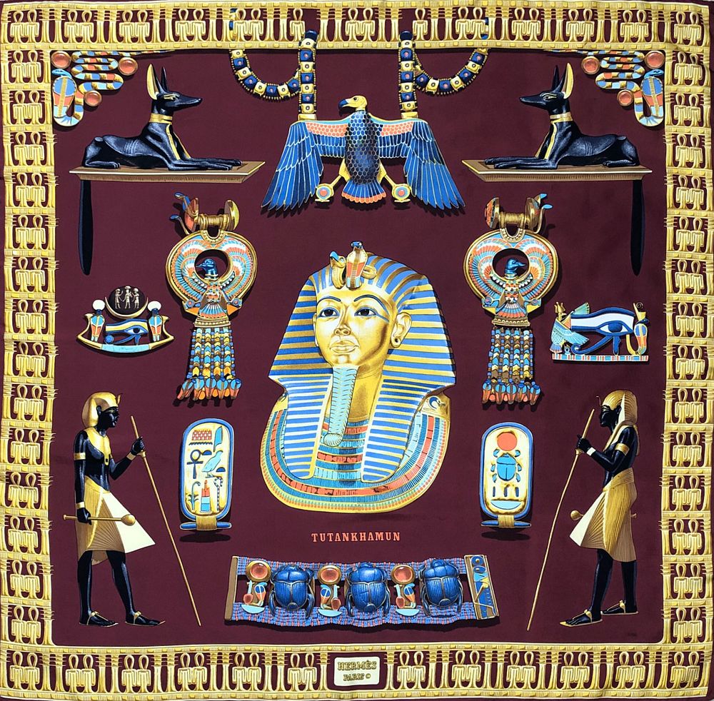 Appraisal: Hermes Tutankhamun Silk Scarf Hermes Tutankhamun Silk Scarf burgandy and