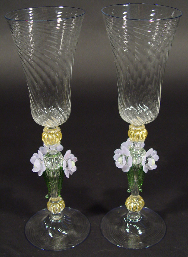 Appraisal: Pair of Murano Zaffirici glasses the fluted bell shaped bowls