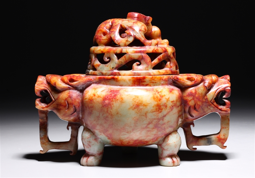 Appraisal: Elaborate Chinese hardstone covered tripod censer with detailed animal form