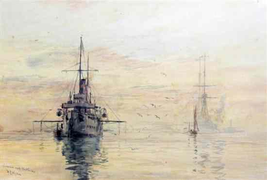 Appraisal: William Lionel Wyllie - watercolour Cruiser and battleship signed x