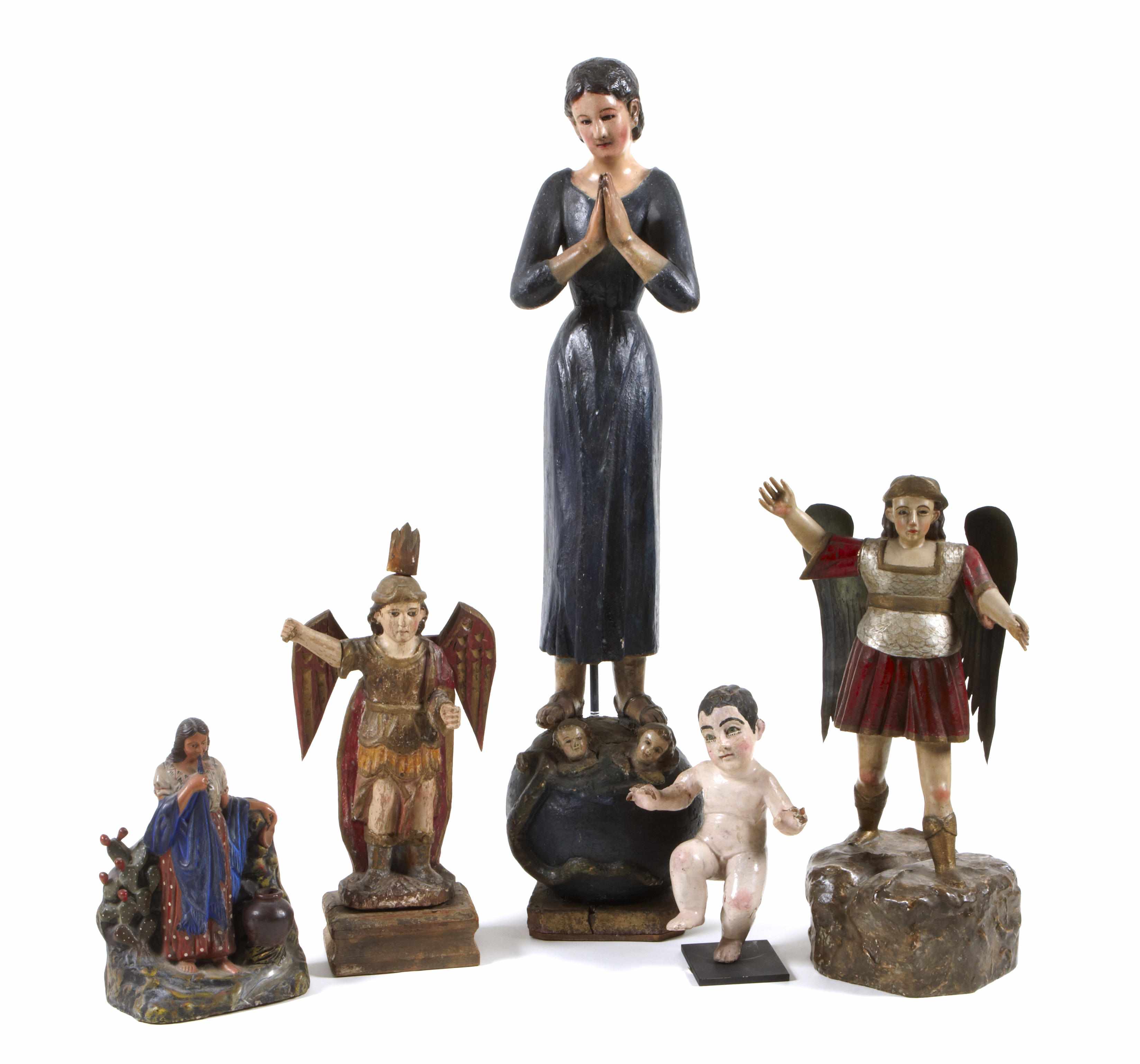 Appraisal: An assembled group of Spanish colonial objects Comprising seven figures