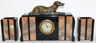 Appraisal: French Art Deco pc garniture clock set with spelter whippet