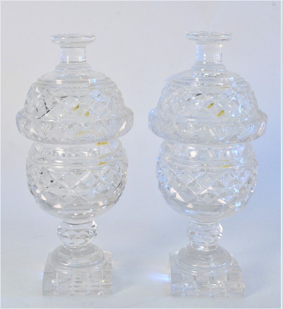 Appraisal: Pair Anglo Irish Covered Crystal Dishes height inches Pair Anglo