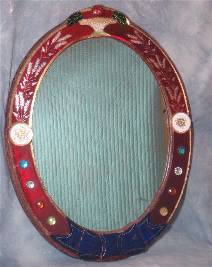 Appraisal: Oval etched Venetian mirror with ruby glass border h w