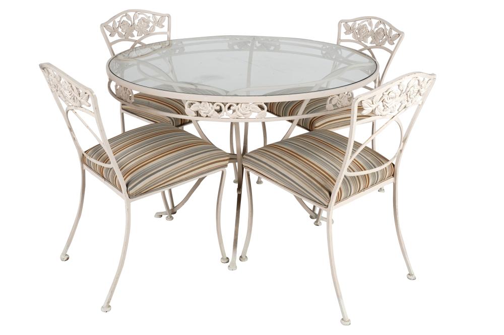 Appraisal: WHITE-PAINTED METAL PATIO DINING SETcomprising a round table with glass-inset