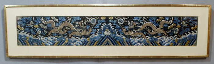 Appraisal: Framed Chinese embroidery of dragons c sight size is x