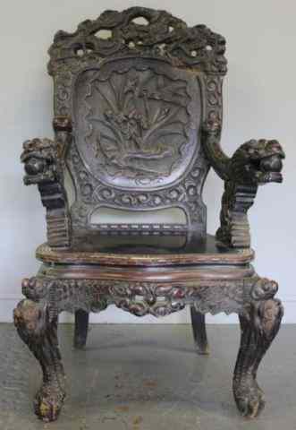 Appraisal: Antique Asian Heavily Carved Armchair with DragonHeads Handholds From a