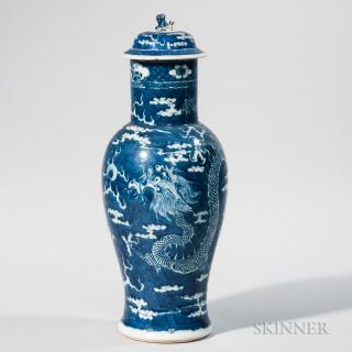 Appraisal: Blue and White Covered Dragon Vase Blue and White Covered