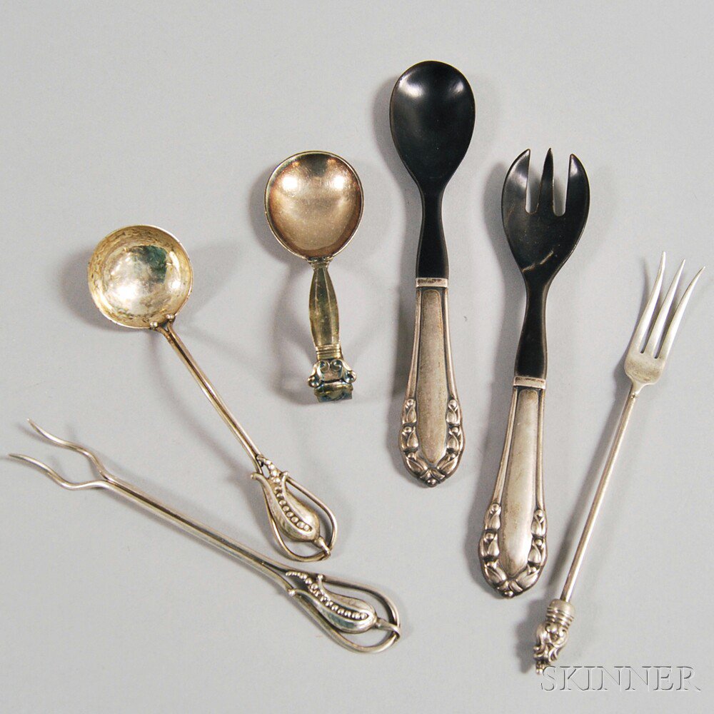 Appraisal: Six Pieces of Mostly Danish Silver Flatware a Petersen blossom-handled