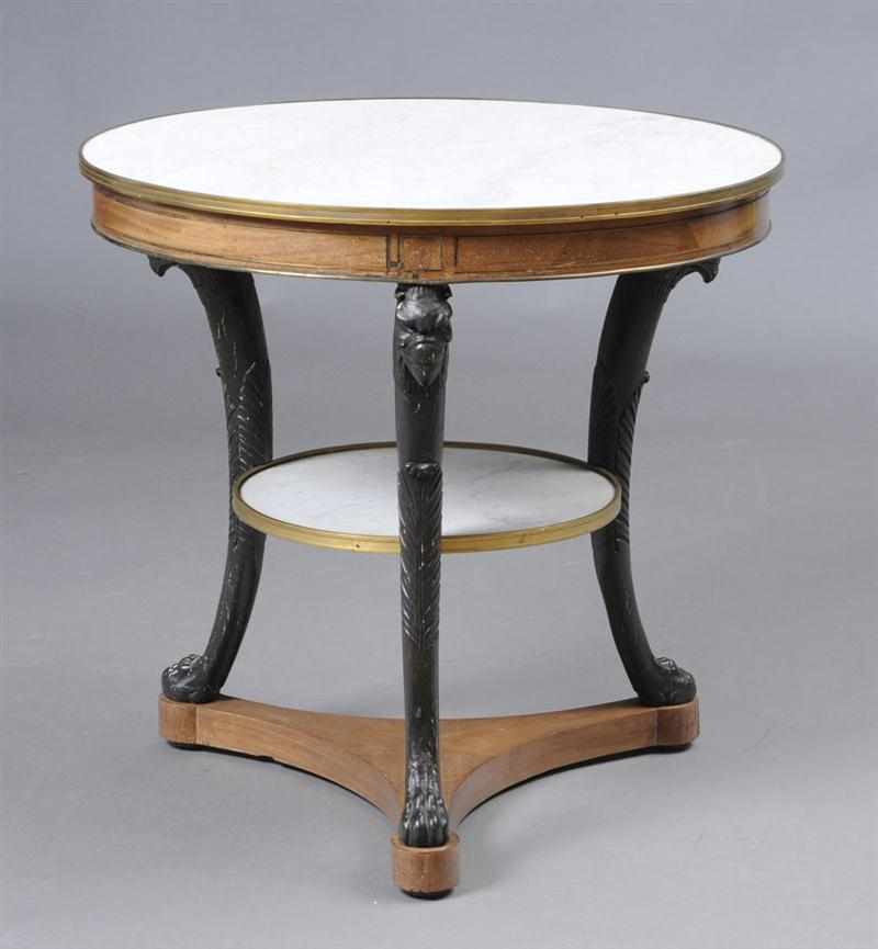 Appraisal: EMPIRE BRASS-INLAID MAHOGANY GU RIDON The circular veined white marble