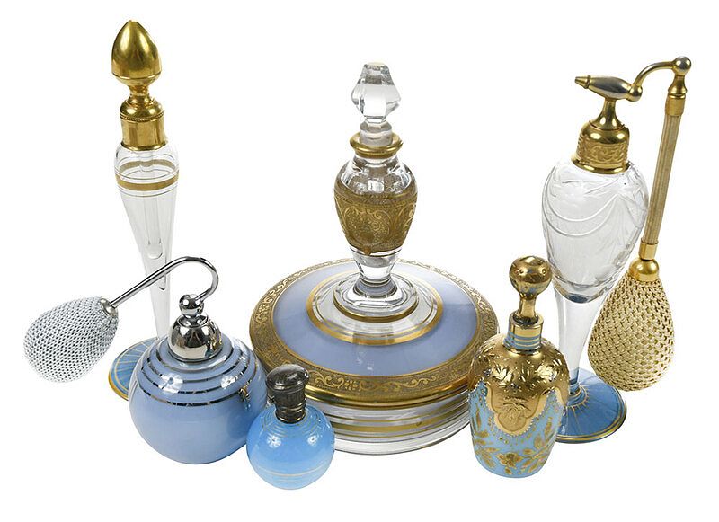 Appraisal: Six Art Glass Perfume Bottles and Atomizers American Continental th