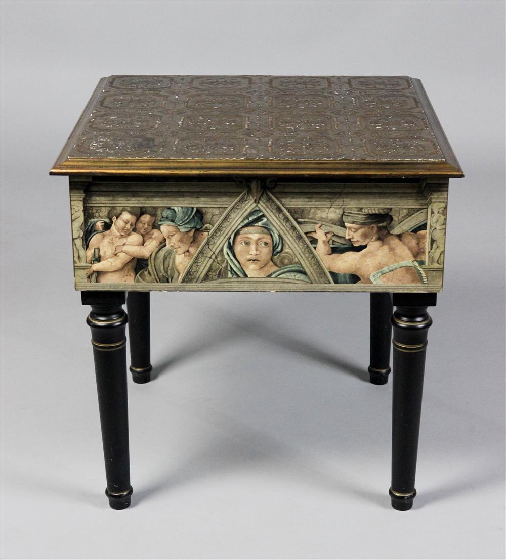 Appraisal: DECORATIVE MICHELANGELO'S SISTINE CHAPEL SCENE DECORATED AND PAINTED SIDE TABLE