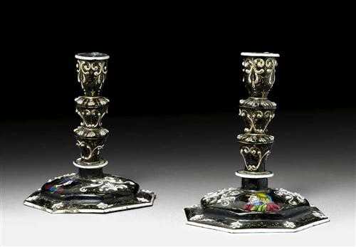 Appraisal: PAIR OF ENAMELLED CANDLE HOLDERS Renaissance style probably Limoges th