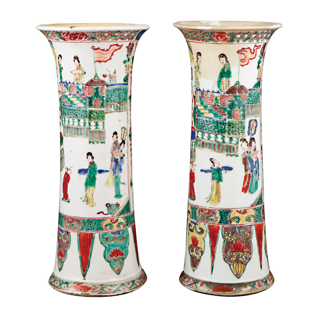 Appraisal: Pair of Chinese Famille Verte Porcelain Beaker Vases Each painted